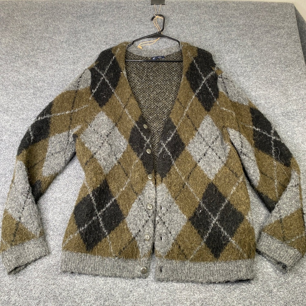 GAP Mens Winter Argyle Lagoon Cardigan Sweater Brown Grey Alpaca Wool Blend L